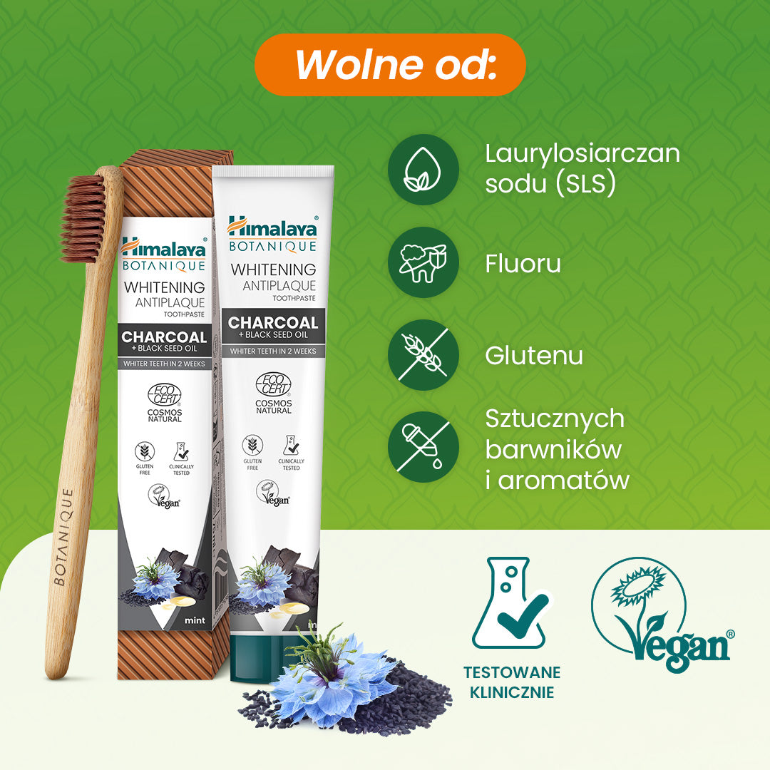 Himalaya Botanique Wybielająca pasta do zębów przeciw płytce nazębnej z Węglem Aktywnym i Olejem z Czarnuszki 75 ml