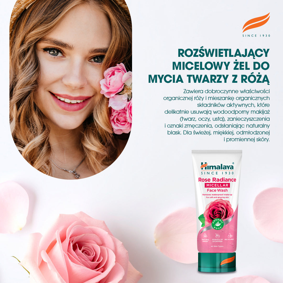 HIMALAYA ROZŚWIETLAJĄCY, MICELARNY ŻEL DO MYCIA TWARZY Z ORGANICZNĄ RÓŻĄ 150ML