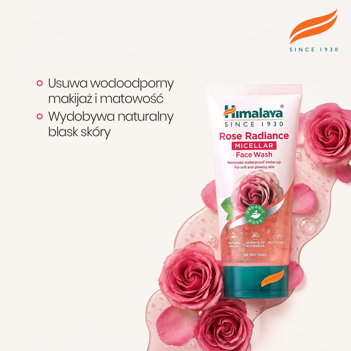 HIMALAYA ROZŚWIETLAJĄCY, MICELARNY ŻEL DO MYCIA TWARZY Z ORGANICZNĄ RÓŻĄ 150ML