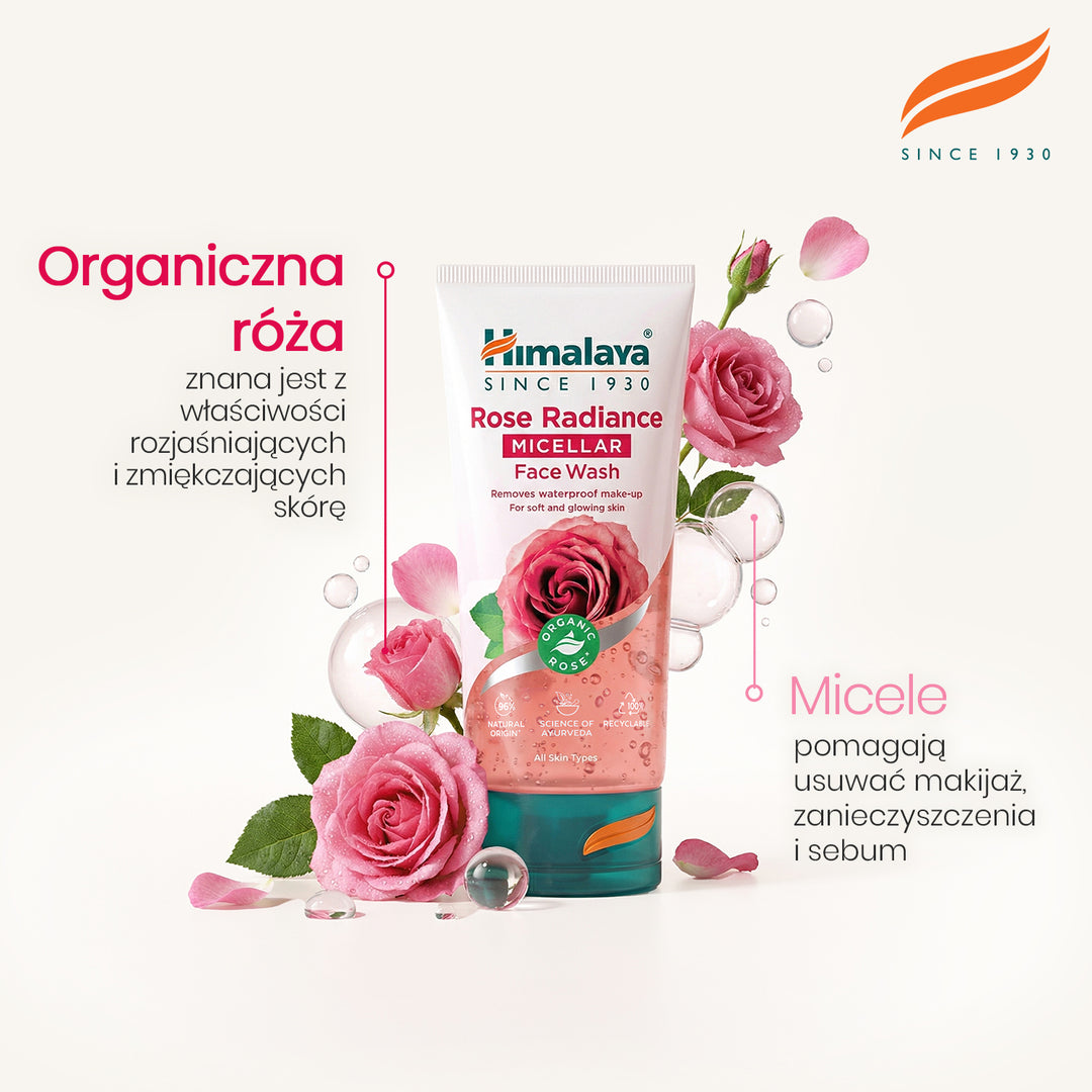 HIMALAYA ROZŚWIETLAJĄCY, MICELARNY ŻEL DO MYCIA TWARZY Z ORGANICZNĄ RÓŻĄ 150ML